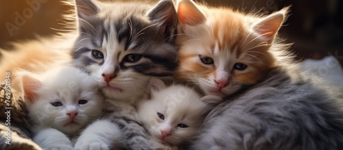 A group of small to mediumsized cats, known as kittens, are peacefully laying next to each other. Their whiskers, fur, and paws are visible as they rest together