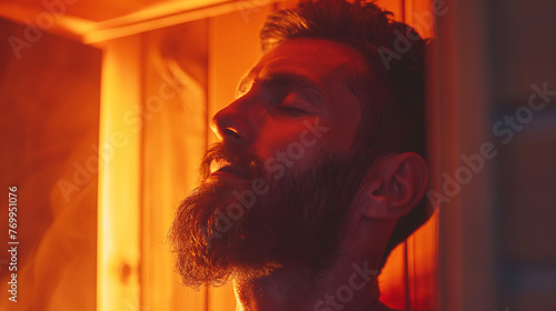 Bearded man relaxing on wooden bench in infrared sauna. Spa treatment © colnihko