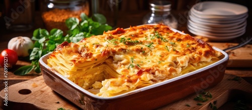 A casserole dish containing macaroni and cheese with a missing slice, a staple food in American cuisine, made with ingredients like pasta and cheese