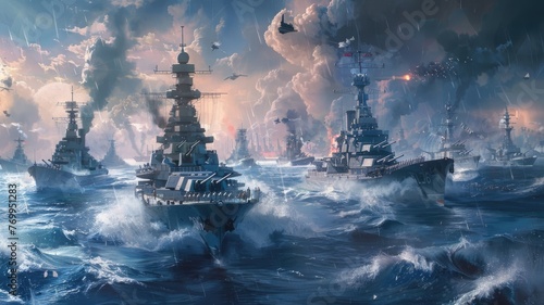 naval strength with a multitude of ships, showcasing the might of armed naval forces in an ultra-realistic depiction teeming with vibrant colors.