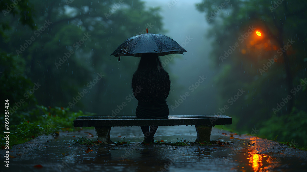 Obraz premium Person with umbrella sitting on bench in misty forest, evoking solitude and tranquility.