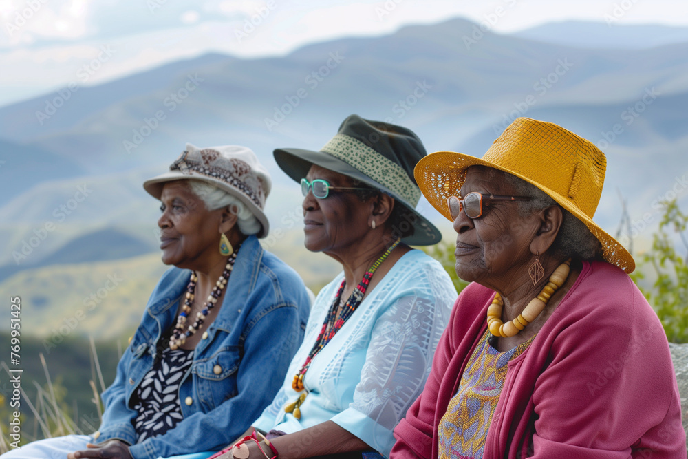 three senior black women sitting on a mountainside, back view of old ladies relaxing in the fresh air, family values concept