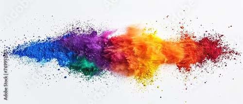 Vivid explosion of rainbow holi powder paint on clean white background illustrates joyous, vibrant essence of cultural festivities, offering snapshot of celebratory, colorful human gatherings