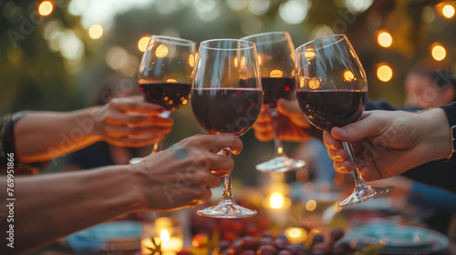 Happy friends toasting glasses of red wine at summer party