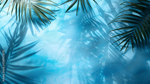 Photo of palm leaves from above  which cast a shadow on the clean and transparent sea water. Summer background