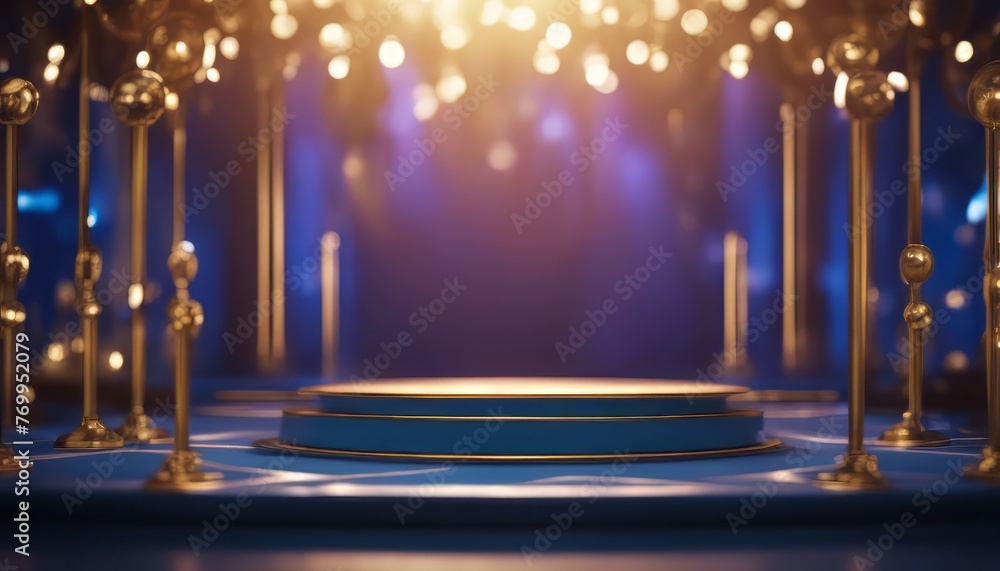 Empty podium golden on blue background with light neon effects with bokeh decorations. Luxury scene