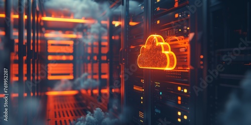 render of cloud computing with glowing orange color on dark background in a modern server room interior Cloud technology concept Generative AI
