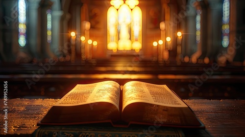 an open Holy Bible book in a church, bathed in glowing lights, evoking a profound sense of spirituality and reverence.