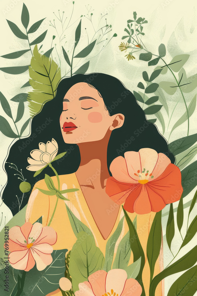 Serene Woman Embraced by Lush Floral Surroundings in Springtime