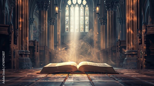 an open Holy Bible book in a church  bathed in glowing lights  evoking a profound sense of spirituality and reverence.