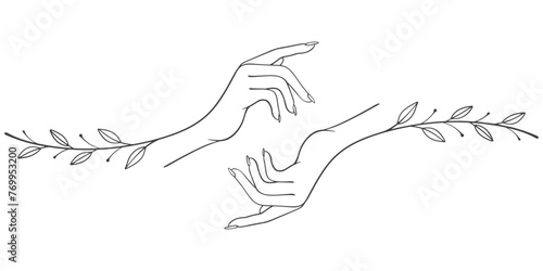 Two hands reaching out to each other. Help and support concept. Minimalistic vector illustration in line art style