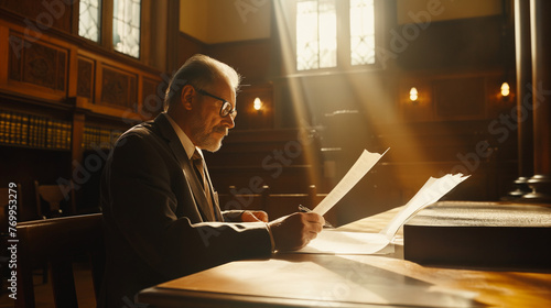 An authoritative judge examining legal documents carefully before the court session begins, the sunlight streaming through the windows casting a serious tone over the scene, with copy space photo