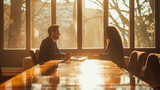 A lawyer and client sit across from each other at a sturdy wooden table, engaged in a serious discussion about the case, sunlight from the nearby window casting soft shadows around them