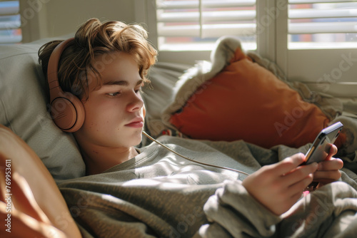 A young man is laying on a bed with headphones on and a cell phone in his hand