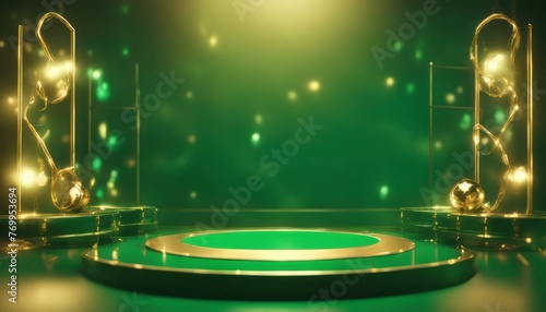 Empty podium golden on green background with light neon effects with bokeh decorations. Luxury scene