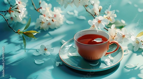 a tea cup on a blue plate with white flowers, in the style of light sky-blue and light crimson, cherry blossoms, minimalist backgrounds, emerald and crimson,