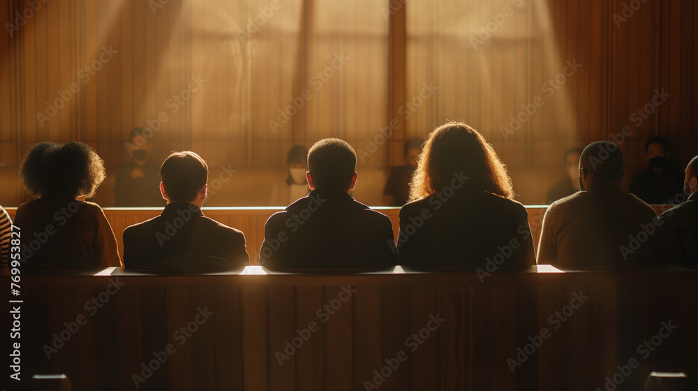 Fototapeta premium A group of diverse jurors seated in the jury box, leaning forward to catch every detail of the testimony being presented, their focus illuminated by the natural light streaming through the courtroom 