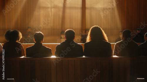  A group of diverse jurors seated in the jury box, leaning forward to catch every detail of the testimony being presented, their focus illuminated by the natural light streaming through the courtroom  © Катерина Євтехова