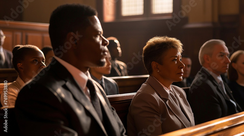 Jurors listening to a closing argument, the intensity of the moment captured in their focused expressions and the dramatic interplay of light and shadows across the courtroom