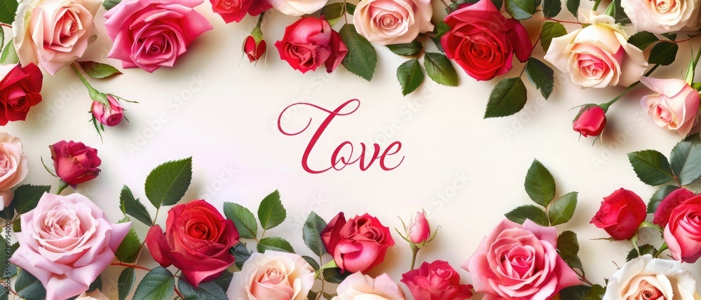 Love banner with pink and red roses