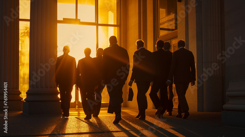 A group of jurors, expressions mixed with relief and the burden of their decision, exiting the courthouse under the soft glow of sunset