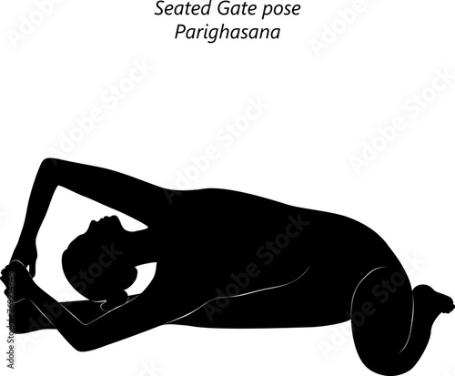 Silhouette of woman doing yoga Parighasana. Seated Gate pose. Intermediate Difficulty. Isolated vector illustration