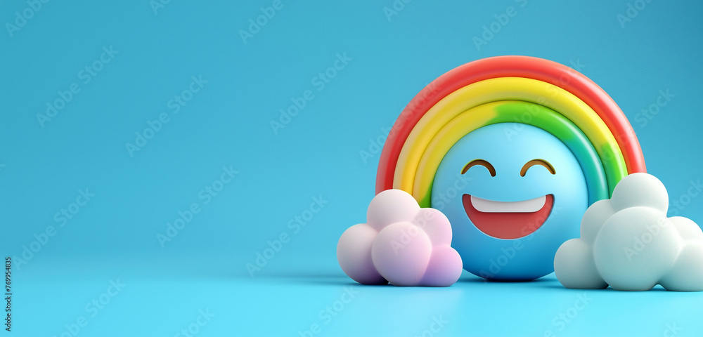 A close-up of a rainbow emoji with clouds, representing happiness or optimism, on a blue background with