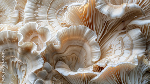 The texture of oyster mushrooms' fungus forms a captivating background, showcasing intricate patterns and earthy tones. Ideal for adding organic depth and interest to various design projects.