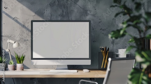 Blank computer screen mockup in office. Workplace concept.3D Rendering