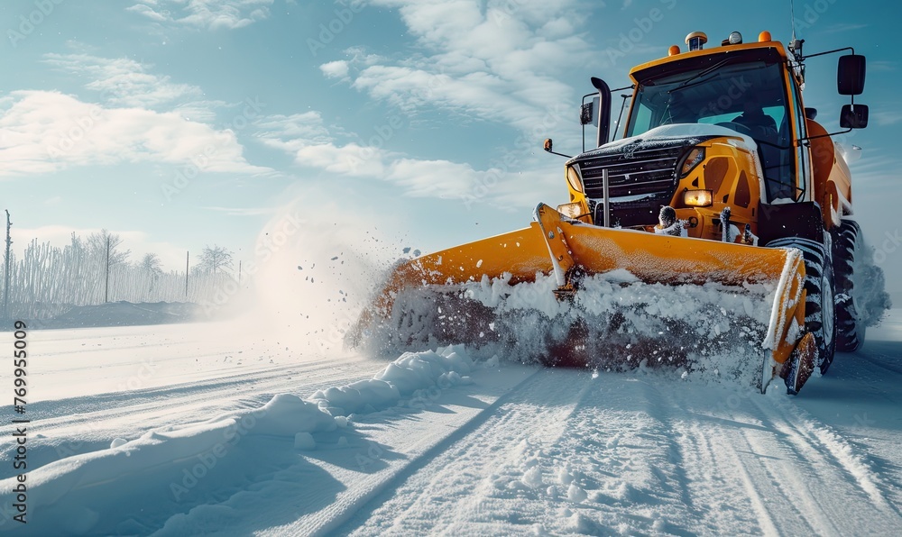 Snowplow cleaning the highway during the heavy snow storm. Banner. Theme. Snowplow cleaning the highway during the heavy snow storm. Banner. Theme.