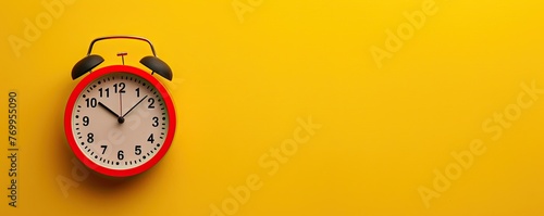 Vintage alarm red clock on wide yellow background.