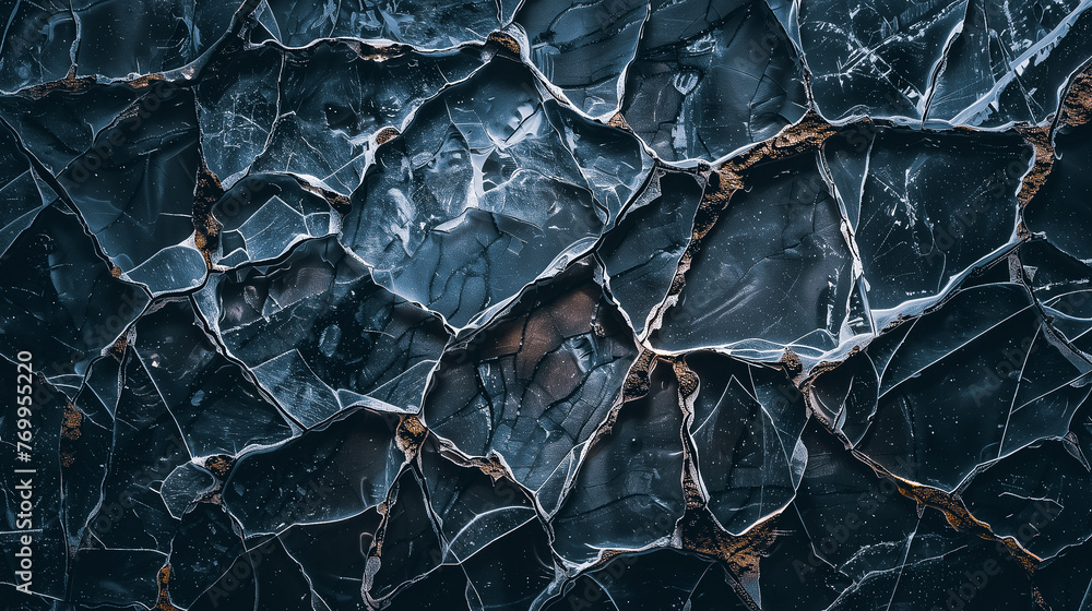 Realistic glass background with a cracked effect, creating an intriguing pattern and texture in a dark navy blue color - obrazy, fototapety, plakaty 