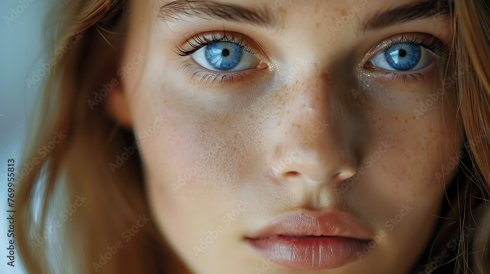 Close-up of Western woman with glowing blue eyes. Close-up of Western woman with glowing blue eyes.