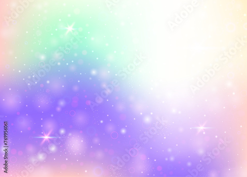 Holographic background with rainbow mesh. Liquid universe banner in princess colors. Fantasy gradient backdrop with hologram. Holographic magic background with fairy sparkles, stars and blurs.