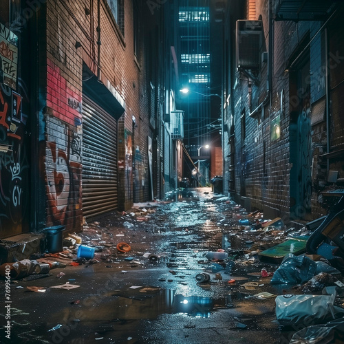 urban alleyway at night in the rain with litter on the floor and birght graffitti on the dirty brick walls. photo