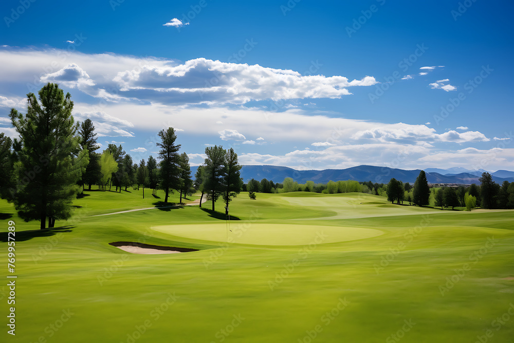 Naklejka premium Pristine golf course with rolling greens, sand traps, and a backdrop of forested mountains under a clear blue sky