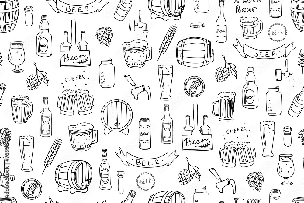Seamless pattern of beer and glass of beer. Mug with beer, barrel. Great for bar menu design, packaging, pub. Hand drawn. Doodle style. Seamless pattern of beer and glass of beer. Mug with beer, barrel. Great for bar menu design, packaging, pub. Hand drawn. Doodle style.