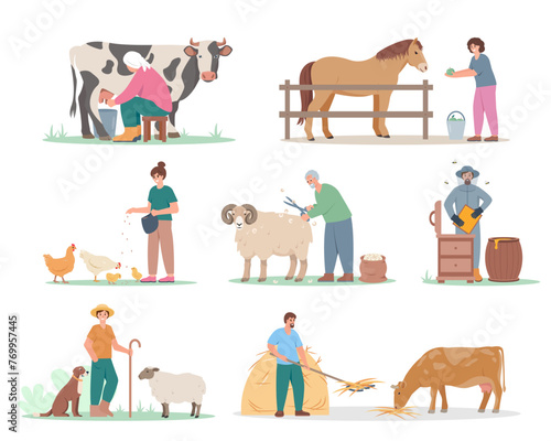 Set of farming people characters. Farmers workers, shepherd, beekeeper, milkmaid caring for livestock animals. Agricultural scenes isolated on white background. Vector illustration.
