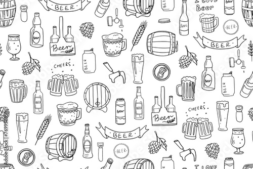 Seamless pattern of beer and glass of beer. Mug with beer, barrel. Great for bar menu design, packaging, pub. Hand drawn. Doodle style.