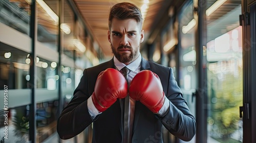 Embrace the fight! Meet the businessman equipped with boxing gloves, ready to tackle challenges head-on, standing tall against