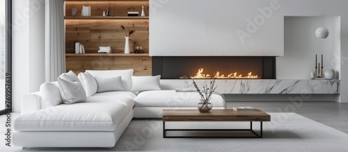 A modern living room with a white sofa and wooden shelf, featuring an elegant fireplace in the background