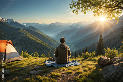 A man camping alone on a mountain.
Generative ai.