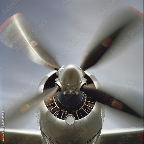 small aircraft front on close up of the propellor to illistrate the vortex effect due to moving airplane propeller photo