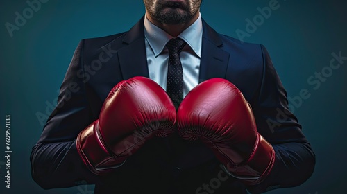 Embrace the fight! Meet the businessman equipped with boxing gloves, ready to tackle challenges head-on, standing tall against the backdrop of a black canvas. © pvl0707