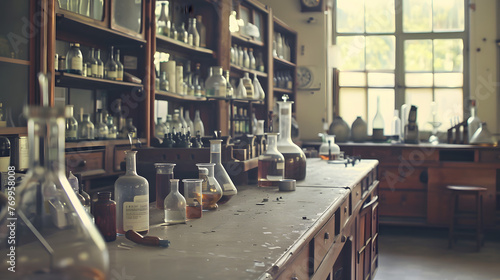 Modern Medical Research Laboratory with Microscope and Test Tubes with Biochemicals on the Desk