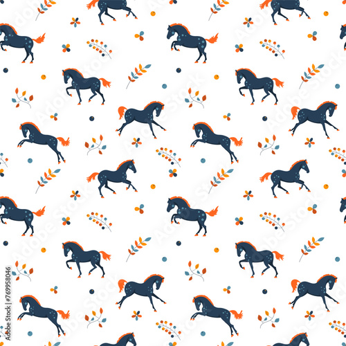 Horses frolic in the meadow, seamless vector pattern