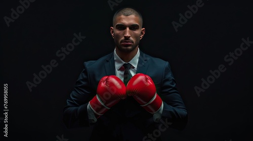 Embrace the fight! Meet the businessman equipped with boxing gloves, ready to tackle challenges head-on, standing tall against the backdrop of a black canvas. © pvl0707
