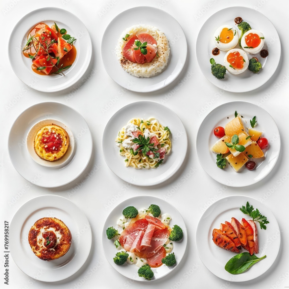 A meticulously arranged assortment of gourmet plates, each exhibiting culinary expertise and artistry A meticulously arranged assortment of gourmet plates, each exhibiting culinary expertise and artistry