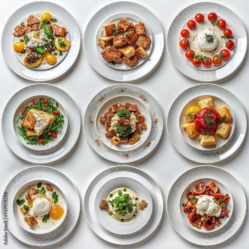 A collection of beautifully presented gourmet dishes, including poached eggs, pancakes, and seasoned meats on circular white plates