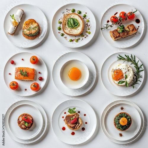 A top view of nine different gourmet dishes showcasing a variety of ingredients and plating styles on white background